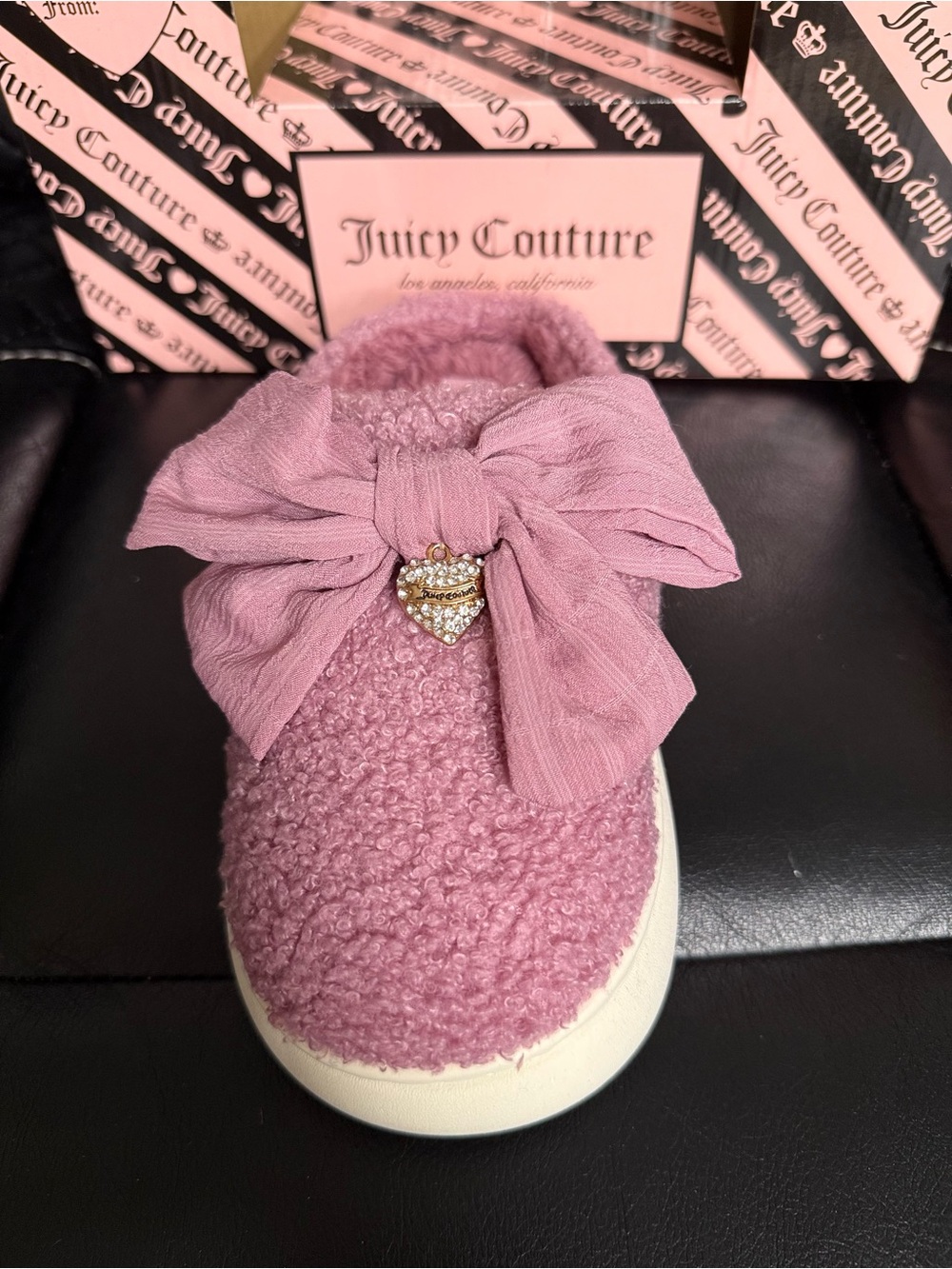 Juicy Couture Mauve Bow Teddy Slip-On with Crystal Heart Charm